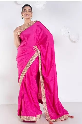 habutai silk blend saree with pink color with golden embroidered border
