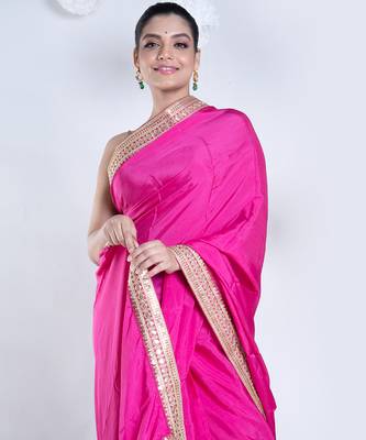 habutai silk blend blend saree with pink color with golden embroidered border 2