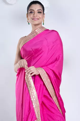 habutai silk blend blend saree with pink color with golden embroidered border