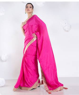 habutai silk blend blend saree with pink color with golden embroidered border 3