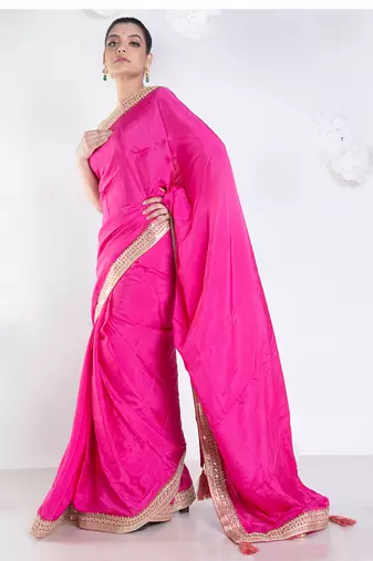 habutai silk blend blend saree with pink color with golden embroidered border