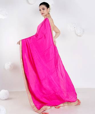 habutai silk blend blend saree with pink color with golden embroidered border 4