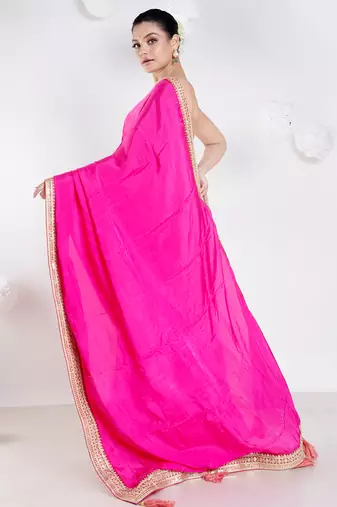 habutai silk blend blend saree with pink color with golden embroidered border