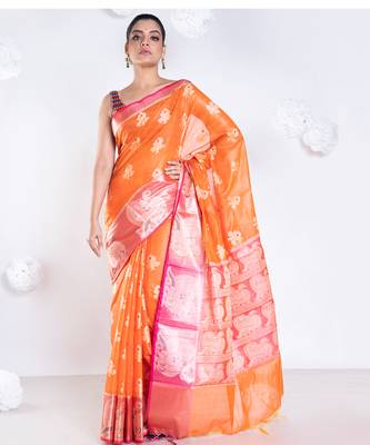 banarasi organza saree in burnt orange color with floral motifs and contrasting border 1