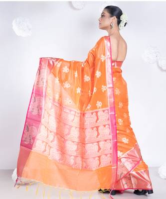 banarasi organza saree in burnt orange color with floral motifs and contrasting border 3