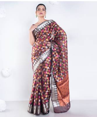 banarasi kora organza saree in chocolate brown color with multicolor motifs with copper zari 1