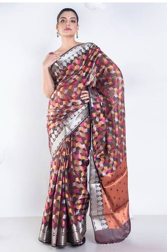 banarasi kora organza saree in chocolate brown color with multicolor motifs with copper zari