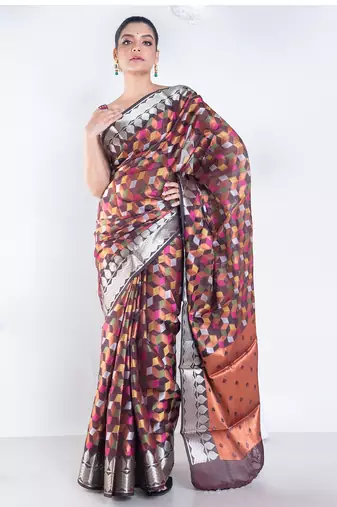 banarasi kora organza saree in chocolate brown color with multicolor motifs with copper zari