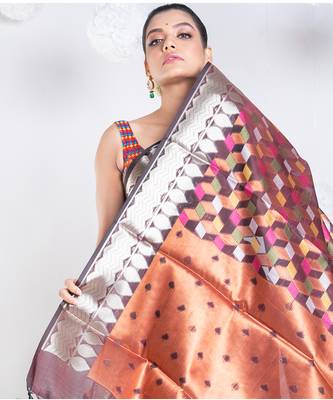 banarasi kora organza saree in chocolate brown color with multicolor motifs with copper zari 2