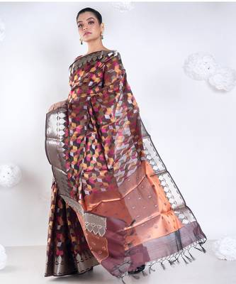 banarasi kora organza saree in chocolate brown color with multicolor motifs with copper zari 3
