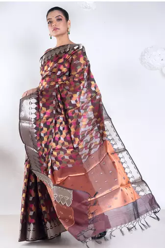 banarasi kora organza saree in chocolate brown color with multicolor motifs with copper zari