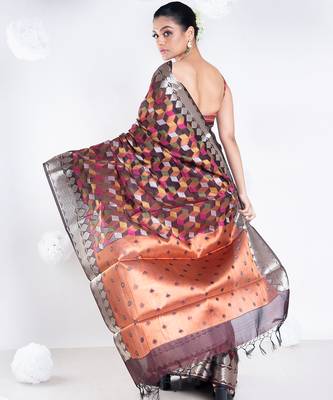 banarasi kora organza saree in chocolate brown color with multicolor motifs with copper zari 4