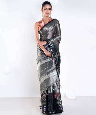 banarasi kora organza zari saree in golden grey with floral border 1