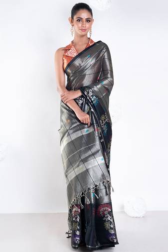 banarasi kora organza zari saree in golden grey with floral border