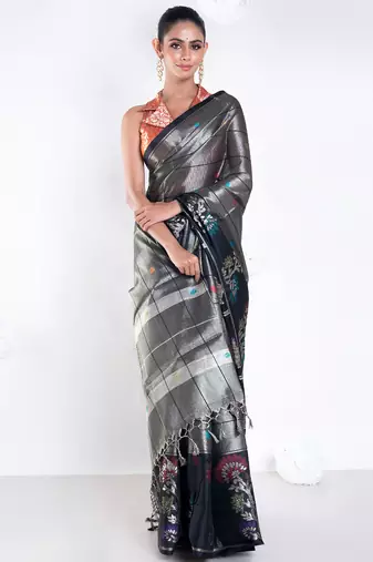 banarasi kora organza zari saree in golden grey with floral border