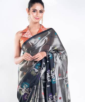 banarasi kora organza zari saree in golden grey with floral border 2