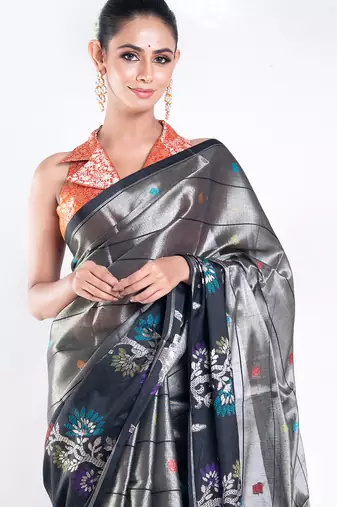 banarasi kora organza zari saree in golden grey with floral border