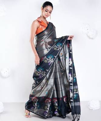 banarasi kora organza zari saree in golden grey with floral border 3