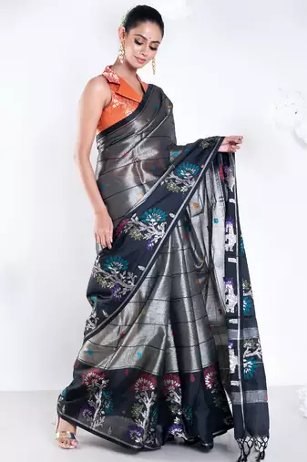banarasi kora organza zari saree in golden grey with floral border