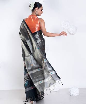 banarasi kora organza zari saree in golden grey with floral border 4