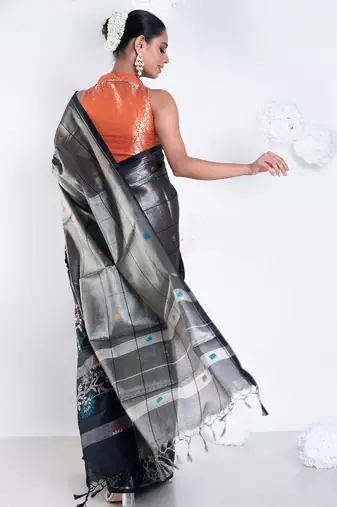 banarasi kora organza zari saree in golden grey with floral border