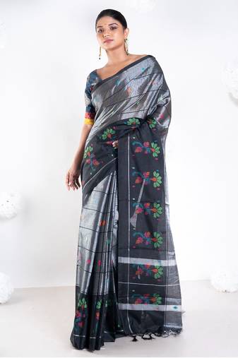 banarasi kora organza zari saree in ash grey with floral border