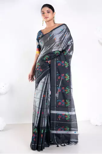 banarasi kora organza zari saree in ash grey with floral border