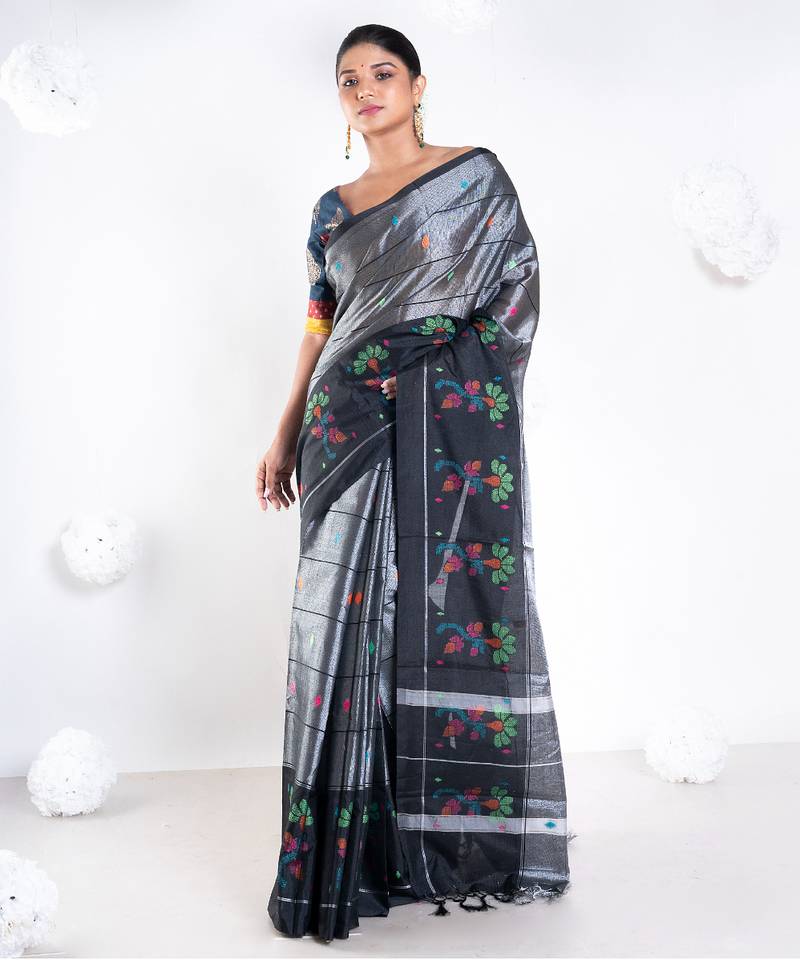 banarasi kora organza zari saree in ash grey with floral border