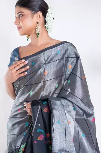 banarasi kora organza zari saree in ash grey with floral border