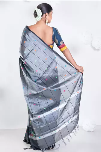 banarasi kora organza zari saree in ash grey with floral border