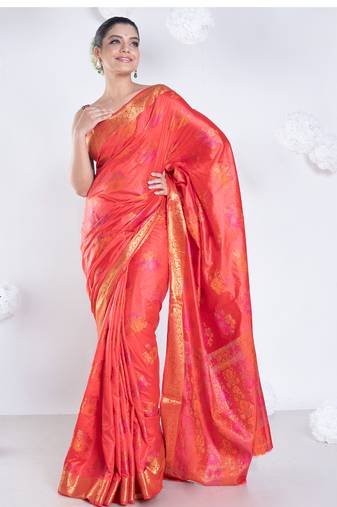 banarasi ari silk blend saree in rust color with multicolor motifs and zari border