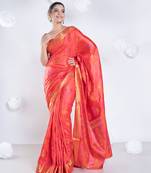 banarasi ari silk blend saree in rust color with multicolor motifs and zari border