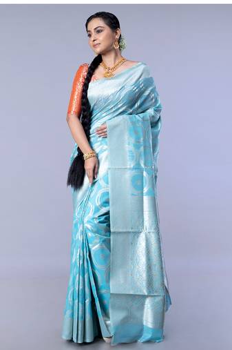 silk blend chanderi saree in blue color with dull gold zari circular motifs