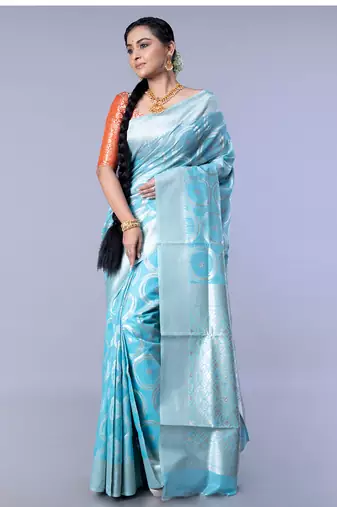 silk blend chanderi saree in blue color with dull gold zari circular motifs