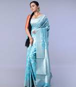 silk blend chanderi saree in blue color with dull gold zari circular motifs