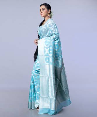 silk blend blend chanderi saree in blue color with dull gold zari circular motifs 2