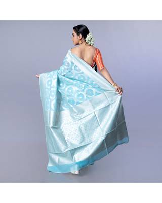 silk blend blend chanderi saree in blue color with dull gold zari circular motifs 3