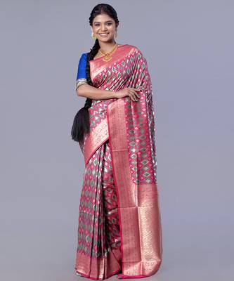 kanjivaram silk blend blend saree with teal and pink color ikkat zari design 1