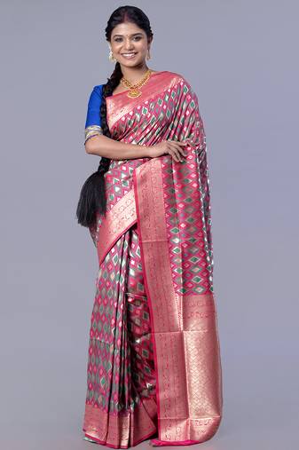 kanjivaram silk blend saree with teal and pink color ikkat zari design