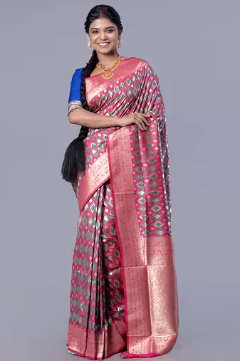 kanjivaram silk blend saree with teal and pink color ikkat zari design