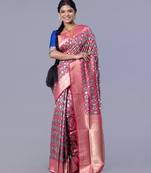 kanjivaram silk blend saree with teal and pink color ikkat zari design