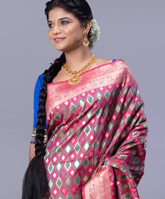 kanjivaram silk blend blend saree with teal and pink color ikkat zari design 2