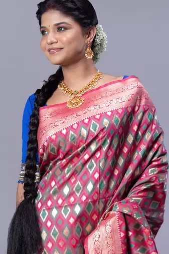 kanjivaram silk blend blend saree with teal and pink color ikkat zari design