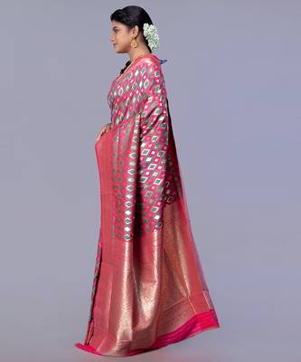 kanjivaram silk blend blend saree with teal and pink color ikkat zari design 3