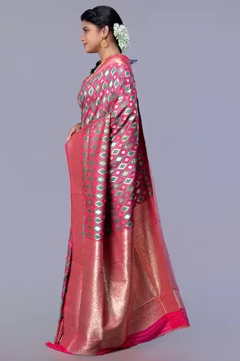 kanjivaram silk blend blend saree with teal and pink color ikkat zari design