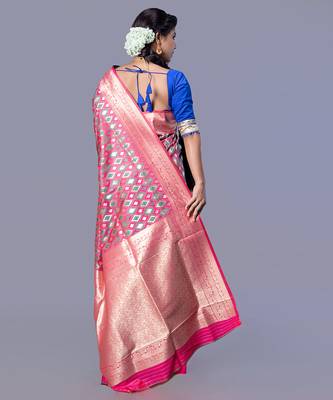 kanjivaram silk blend blend saree with teal and pink color ikkat zari design 4