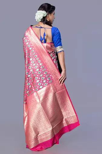 kanjivaram silk blend blend saree with teal and pink color ikkat zari design