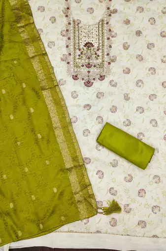 Off white color weaving heavy modal chanderi straight churidar dress material