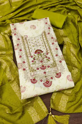 Off white color weaving heavy modal chanderi straight churidar dress material