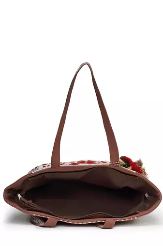 thread bloom coffee brown cotton floral embroidered tote bag